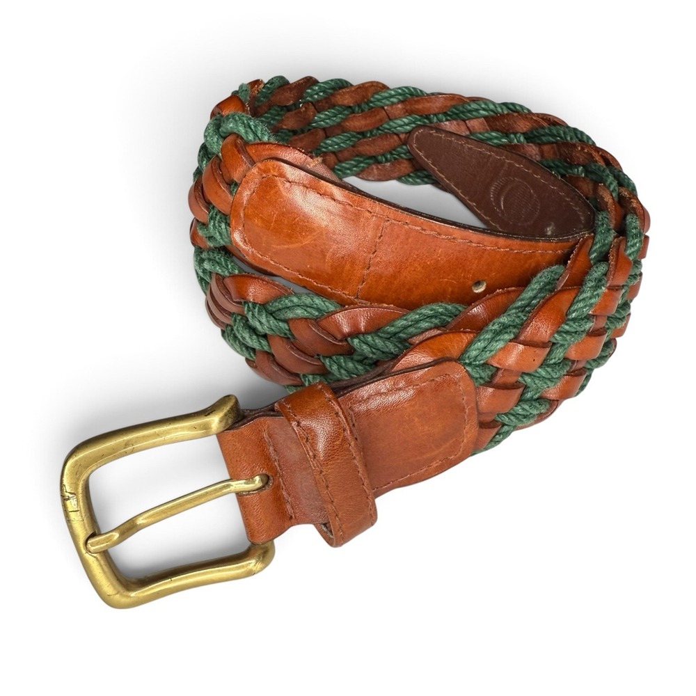 Canali Braided Leather Belt Size 38 Brown Green Made In Italy Gold Buckle